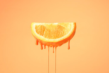 Creative summer concept. A slice of orange melts then heat on an orange background.