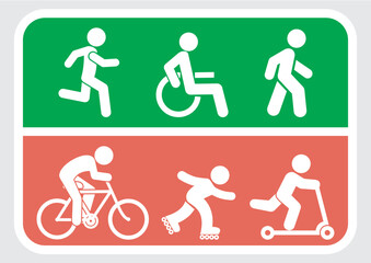 Information sign, path for pedestrians and cyclists, vector icon, set of icons, runner, wheel chair, walker, cyclist, skater, push scooter,