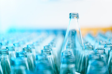 Lots of empty glass bottles in the carton prepared to feed into the manufacturing line.