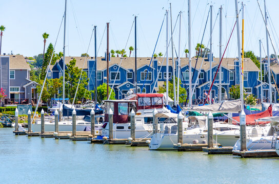 Pleasure boats moored against a pontoon in Benicia Marina in California, USA