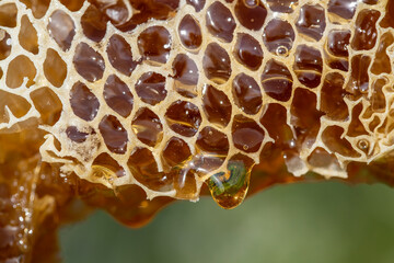 Honey dripping from honey comb on nature background, close up