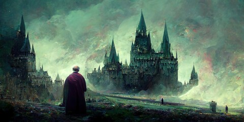 An old priest overlooking a tall amazing castle in a dark cloudy day, fantasy oil painting