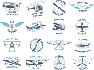 Aviators. Airplanes wings and propellers stylized badges with place for text exact vector business logotypes collection © ONYXprj