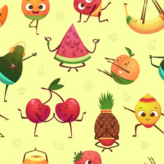 Fruits characters pattern. Funny fruits in action poses making sport exercises exact vector seamless background