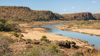 The river in the desert. Savanna landscape with the river in Kruguer National Park. Dry season