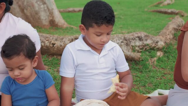 latin family sitting in the field, children eating bread, medium shot, middle shot, children eating bread