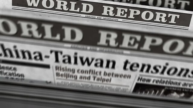 China and Taiwan tensions, conflict and crisis daily newspaper report printing. Abstract concept retro 3d rendering seamless looped.