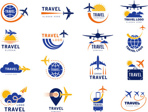Exploration logo. Tourist agency pictures with travel symbols airplanes cars worldwide travelling recent vector business identity