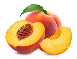 Peaches isolated. Ripe sweet peaches and peach slices on a white background. Fresh fruits.