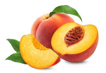 Peaches isolated. Ripe sweet peaches and peach slices on a white background. Fresh fruits.