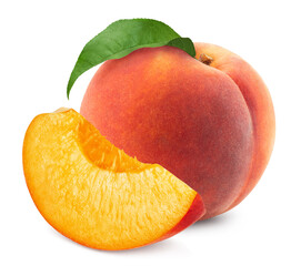 Peaches isolated. Ripe sweet peach and slice and peach on a white background. Fresh fruits.