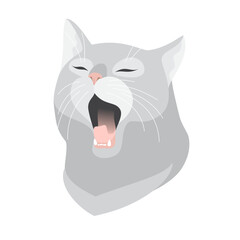 Gray cat with closed eyes and open mouth, yawns. Avatar, icon, symbol, logo, print. Isolated vector illustration on white background