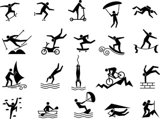 Extreme sport icon. Outdoor activity of fitness energy people jumping walking rafting and running recent vector sport illustrations