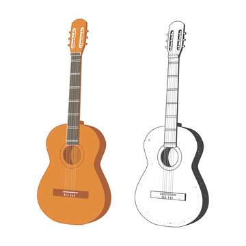 Set of classical wooden guitar. Vector illustration. Flat and retro style guitar Isolated on white background.