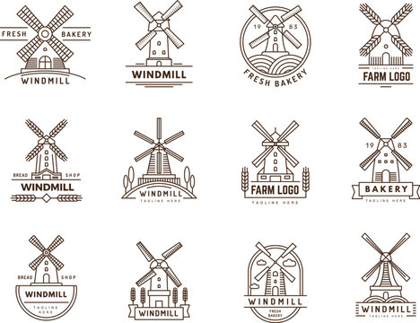 Windmill badges. Nature logo templates with windmill pictures farm rural symbols recent vector illustrations
