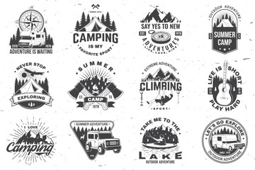 Fototapeta premium Set of camping badge. Vector. Vintage typography design with man in canoe, guitar, climber, mountain, axe, lake, compass, camper rv , tent and forest silhouette.