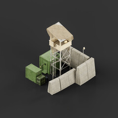 Isometric view Armed military watchtower, military trench and defensive position, 3d rendering