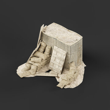 Isometric View Military Sand Blocks And Military Equipment Pile, 3d Rendering