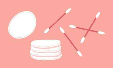 A set of soft cotton sponges and buds. Health care, body cleanliness and hygiene. Facial and makeup. Soft cosmetic item. Female face. Vector flat isolated illustration