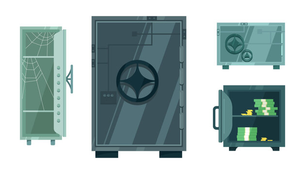 Set Of Safes In Cartoon Style. Vector Illustration Of Icons Safes Of Large And Small Sizes, With Cobwebs Inside Or Money On White Background.