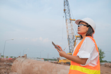 Civil engineers working at a construction site,The company manager supervises the road construction.