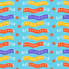 Happy friendship day seamless pattern. Friendship bracelets on blue background vector flat illustration. Three wristbands with congratulatory title