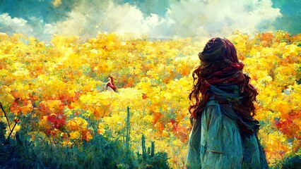Woman in a field of flowers trying to find neverland, abstract picture drawing art - obrazy, fototapety, plakaty