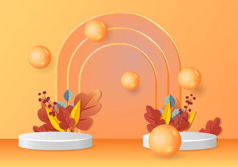 3d podium. Abstract minimal scene with autumn geometric forms. cylinder podium in orange background with autumn plant leaves. product presentation, mockup, show product, podium, stage pedestal or plat