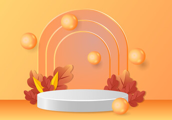 3d podium. Abstract minimal scene with autumn geometric forms. cylinder podium in orange background with autumn plant leaves. product presentation, mockup, show product, podium, stage pedestal or plat