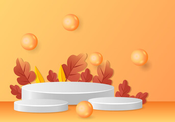 3d podium. Abstract minimal scene with autumn geometric forms. cylinder podium in orange background with autumn plant leaves. product presentation, mockup, show product, podium, stage pedestal or plat