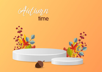 3d podium. Abstract minimal scene with autumn geometric forms. cylinder podium in orange background with autumn plant leaves. product presentation, mockup, show product, podium, stage pedestal or plat