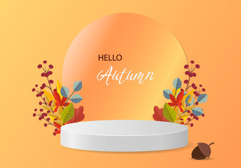 3d podium. Abstract minimal scene with autumn geometric forms. cylinder podium in orange background with autumn plant leaves. product presentation, mockup, show product, podium, stage pedestal or plat