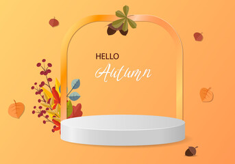 3d podium. Abstract minimal scene with autumn geometric forms. cylinder podium in orange background with autumn plant leaves. product presentation, mockup, show product, podium, stage pedestal or plat