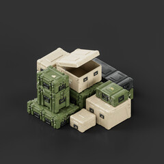 Isometric view Military plastic crates. Ammunition and military assets crates, 3d rendering