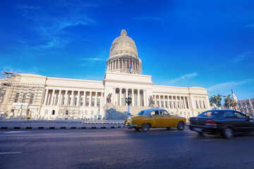 Capitolio building Havana, Cuba with vintage old american cars