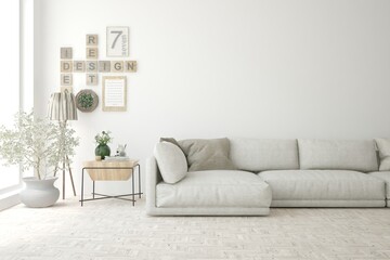 White living room with sofa. Scandinavian interior design. 3D illustration