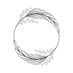 Round wreath with two branches, large leaves, flowers. Simple border, linear style. Hand-drawn contour drawing. Tropical frame, invitation, monogram. Vector illustration isolated on white background.