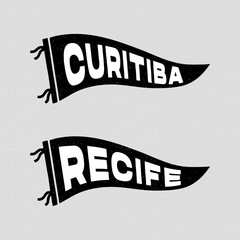 Brazilian city pennants of the Curitiba, Recife. Retro colors labels. Vintage hand drawn wanderlust style. Isolated on white background. Good for t shirt, mug, other identity. 