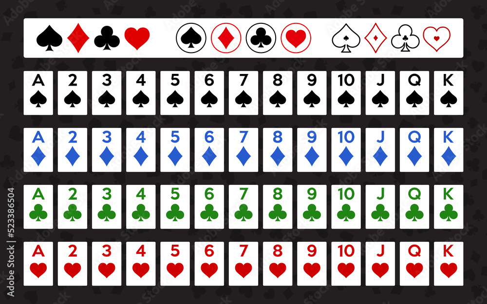 Poster Poker and Casino. Full deck of cards for playing poker and casino with color suits.