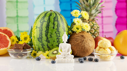 Vesak, Buddha Day. Buddha statue with offerings, fruits, sweets, flowers and candles on a light...