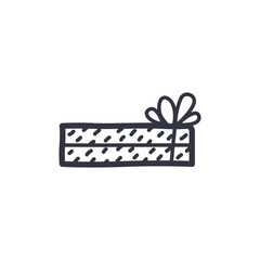 Simple doodle gift box icon, black silhouette bow ribbon isolated on white background, kids drawing sketch style. Children birthday present package, Merry Christmas minimal drawing