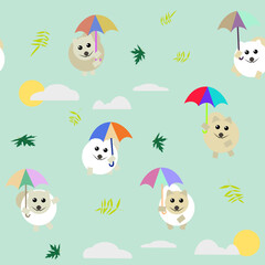 Naklejka premium a pattern without a background of pomeranian puppies flying on colorful umbrellas