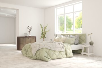 White bedroom interior. Scandinavian design. 3D illustration