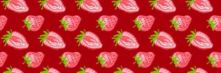 Color strawberry banner template. Rare strawberries seamless pattern, vector hand-drawn illustration of red berries for juice, jam label design. Strawberry background for baby food. Ice cream backdrop