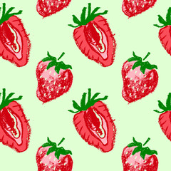 Color strawberry banner template. Rare strawberries seamless pattern, vector hand-drawn illustration of red berries for juice, jam label design. Strawberry background for baby food. Ice cream backdrop