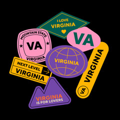 Sticker Pack. Collection of trendy pins. Set of cool patches vector design. Virginia retro badges.