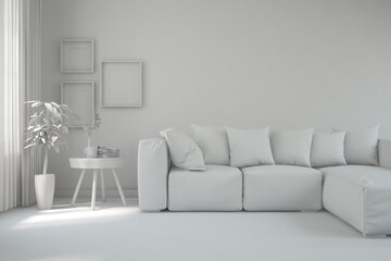 White minimalist living room with sofa. Scandinavian interior design. 3D illustration