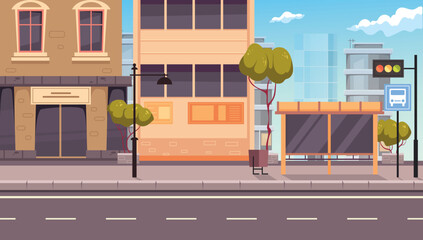 Empty city street building apartment town road urban cityscape concept. Vector graphic design illustration © PrettyVectors