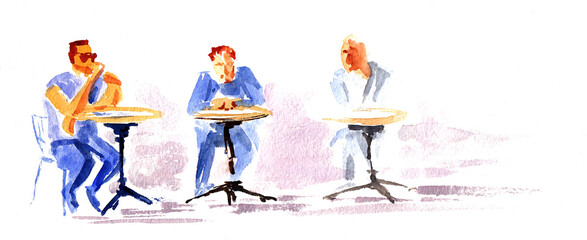 Minimalist stylized sketch with three man seating at the round tables on white. Hand drawn watercolor with paper texture. Raster