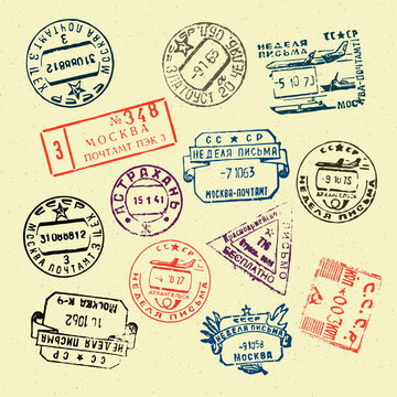 Set of vector postage stamps USSR. Great for vintage designs.